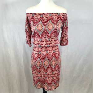 On or off shoulder pink and blue Aztec tribal print dress size small